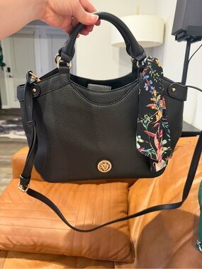 Anne Klein Black Pebbled Leather Satchel with Floral Scarf